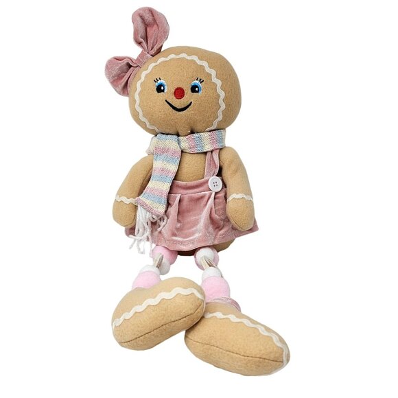 Plush Pastel Gingerbread Girl with Pastel Pom Pom Legs Christmas Shelf Sitter - Picture 2 of 4